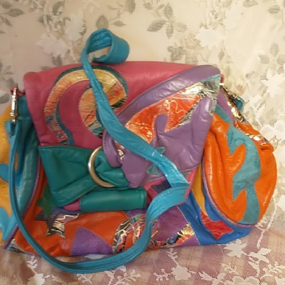 Vintage exotic Colorful Patchwork crossbody leather Bag purple green